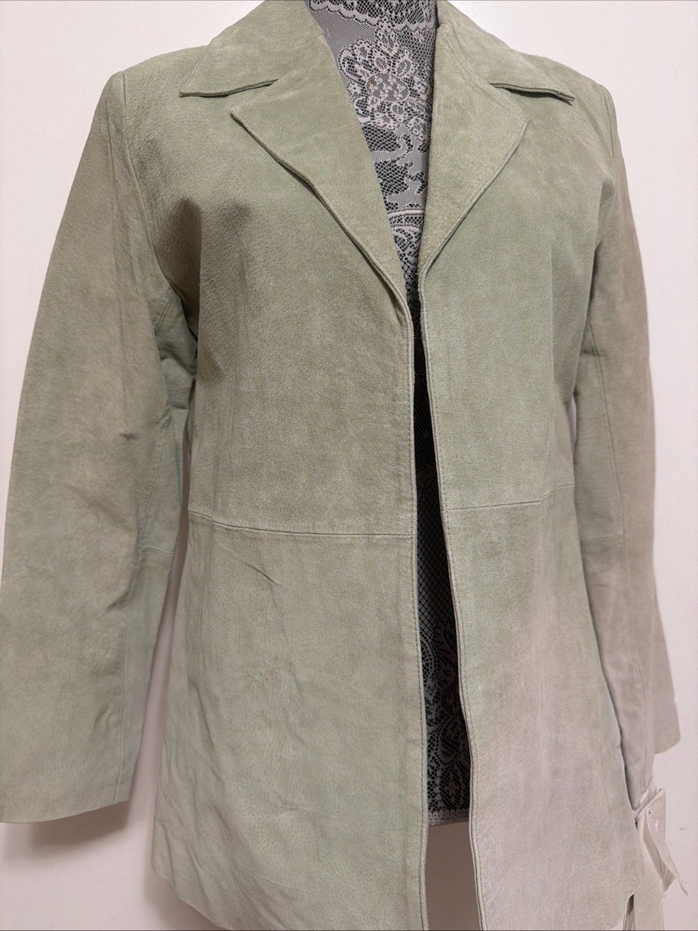 Women’s Light Sage Suede Jacket - Classic Open Front Coat